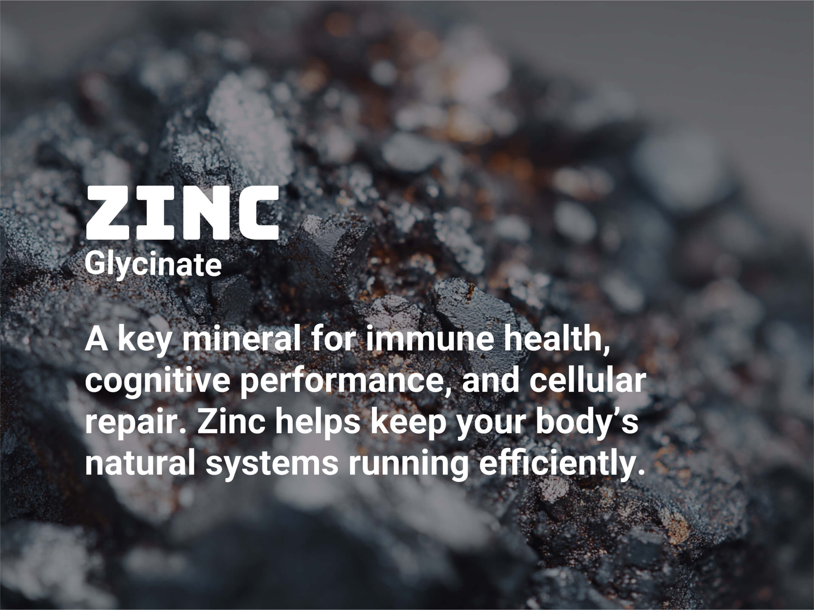Dark zinc mineral rocks with text describing its role in testosterone production, cognitive health, and immune function