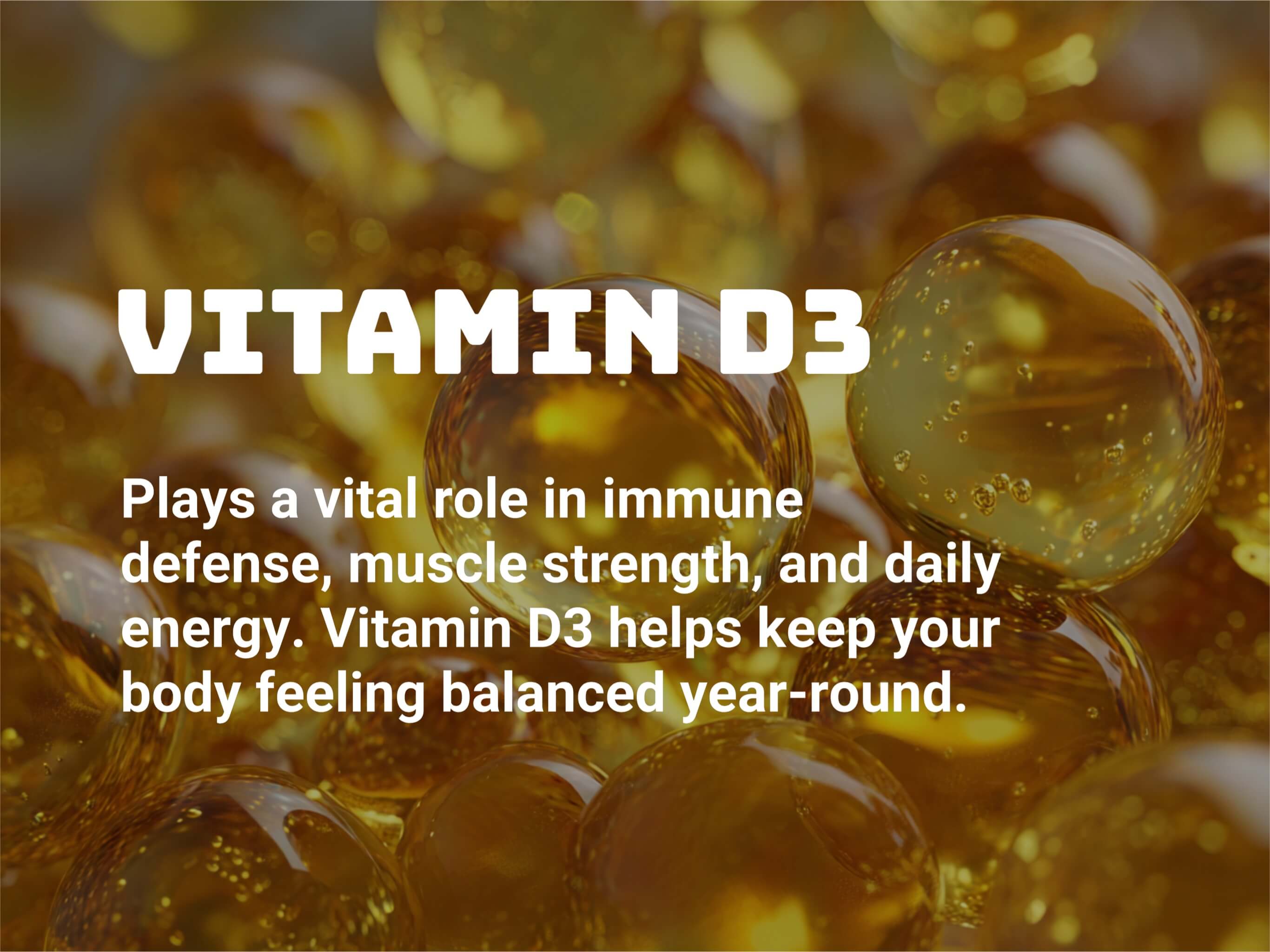 Golden vitamin D3 capsules with text highlighting support for mood, immune function, and muscle strength