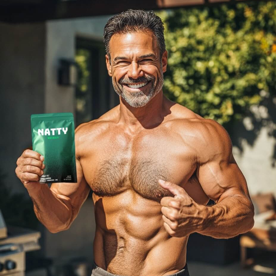 Muscular man holding a green 'Natty' supplement package outdoors.