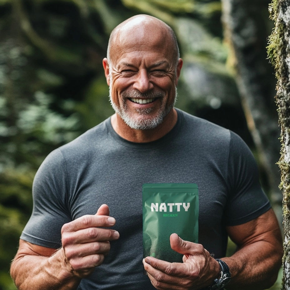 Older fit man smiling outdoors holding a pouch of NATTY Men’s Health supplement