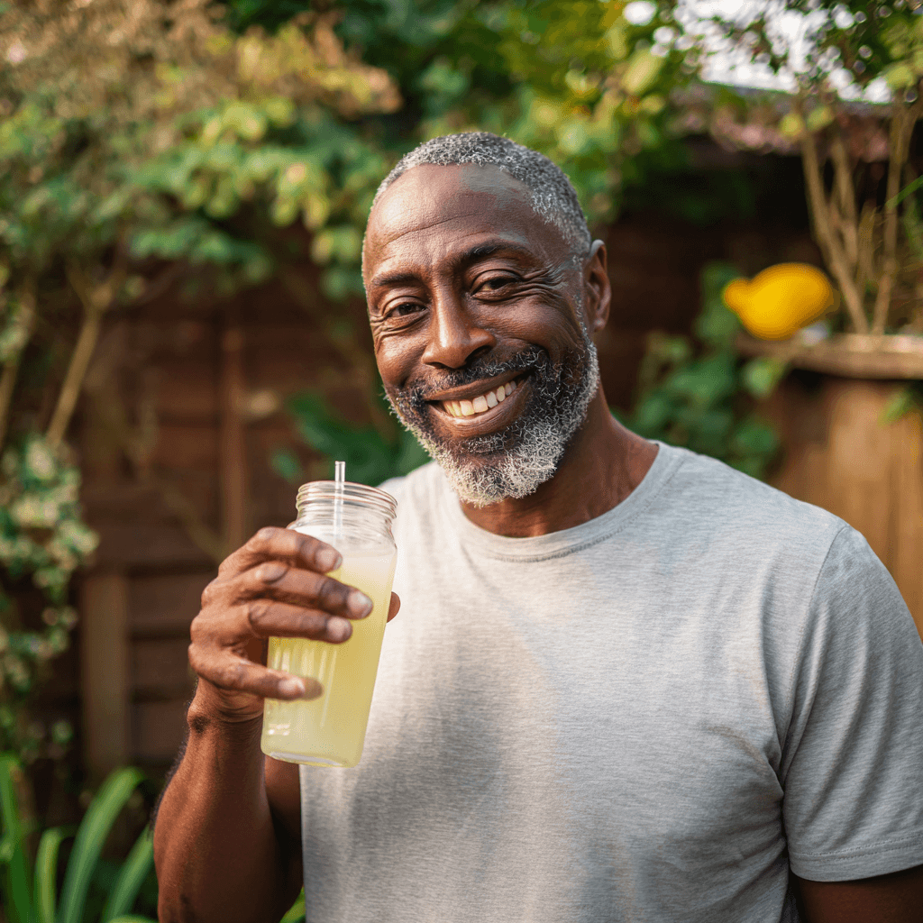 Older man smiling in backyard while holding a clear glass of NATTY yellow drink