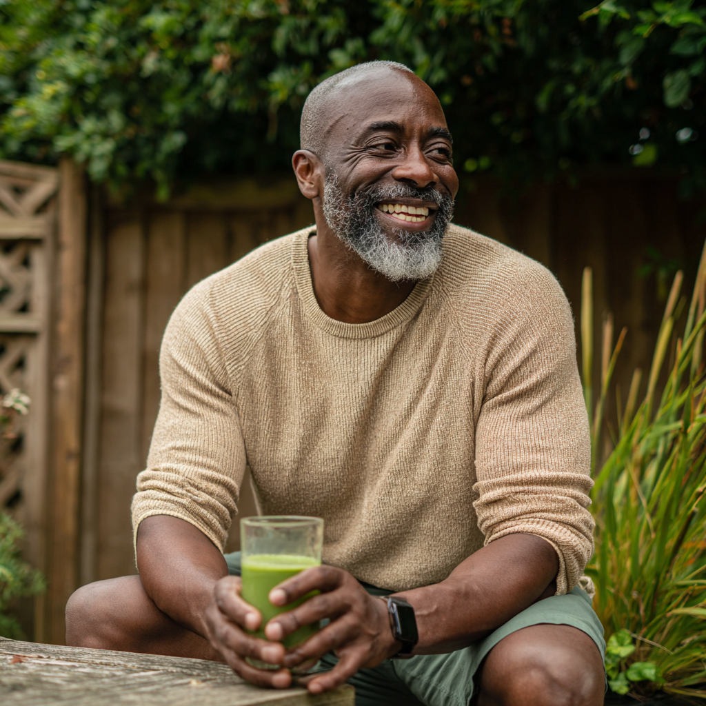Older man smiling in backyard while holding a clear glass of NATTY yellow drink