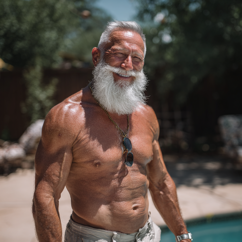 Muscular older man with white beard standing shirtless outdoors near a pool