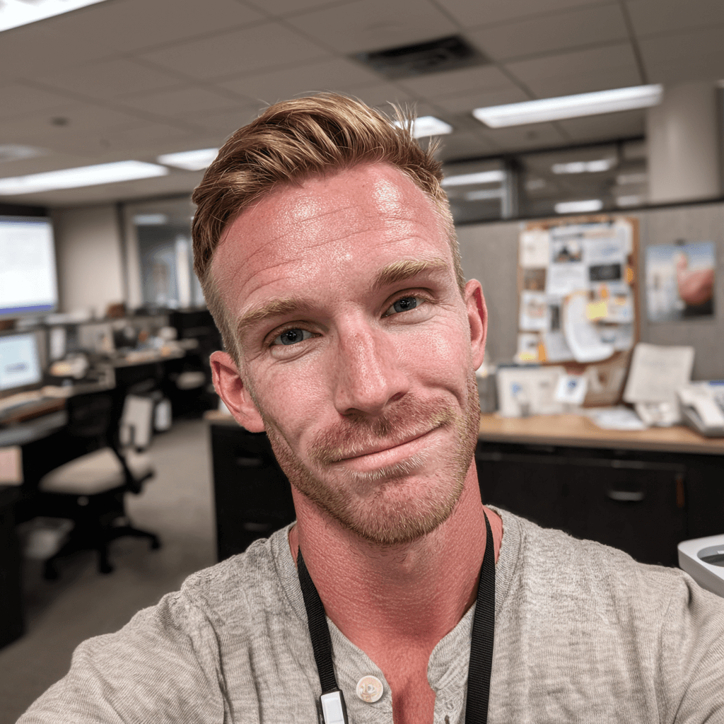 Man taking a selfie in an office setting with desks and bulletin board in background