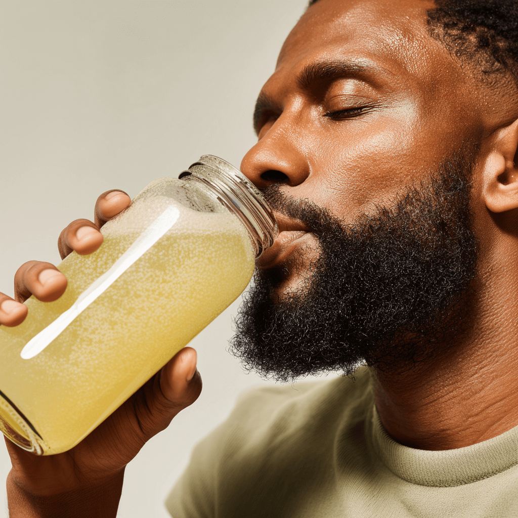 Man drinking from a glass jar with a light-colored beverage against a neutral background